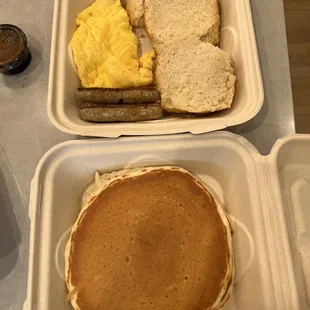 Biscuit with no gravy, pancake with no butter or syrup.
