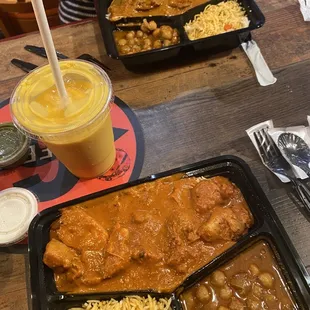 chicken, rice, beans, and a drink