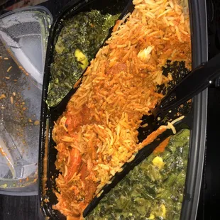 Butter chicken, double side sag Saag Paneer (you can see it&apos;s thick and not watery in consistency!)