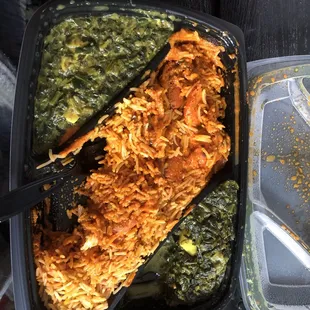 Butter chicken, double side sag Saag Paneer (you can see it&apos;s thick and not watery in consistency!)