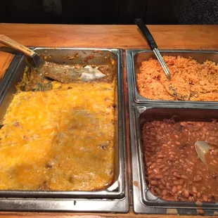 Enchiladas, bean &amp; rice.  This was the second tray of enchiladas that got put out just before we left.  Very tasty!