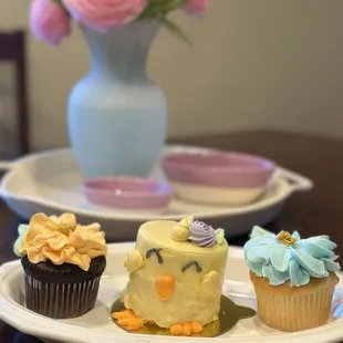 Flower cupcakes  and Chick Cake