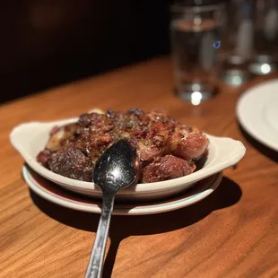 Smashed Potatoes, Smokey Blue Cheese, and Bacon