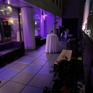 a view of the outside of a building at night