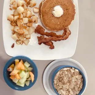 Pancakes, oatmeal, fruit