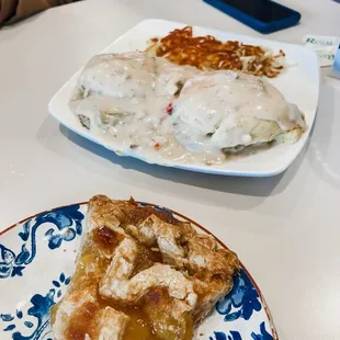 Peach Lattice Pie Slice and Biscuits &amp; Gravy With Eggs