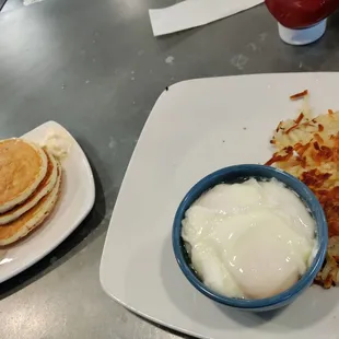 Poached Egg, Hash browns, Pancakes