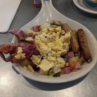 The ultimate skillet with scrambled eggs and fruit instead of pancakes