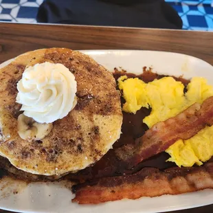 Banana Foster Plate with Scrambled Eggs and Bacon