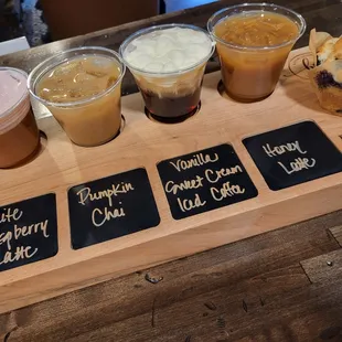 Coffee flight with oat creamer. Blueberry muffin.