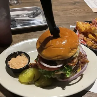 Butterbeast burger with cheese and bacon fries.