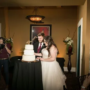 bride and groom cutting cake