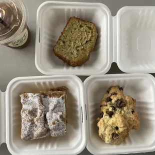 top: lemon zucchini bread left: coffee cake: sooooo delicious  right: chocolate scone: a little dry but pairs well with a cup of coffee/ tea