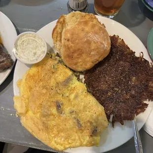 Greek omelet with crispy hash browns