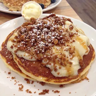 Banana Cream Pancakes - topped with powdered sugar &amp; cinnamon.