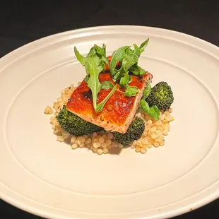 Honey Chipotle Glaze Salmon, over farro risotto