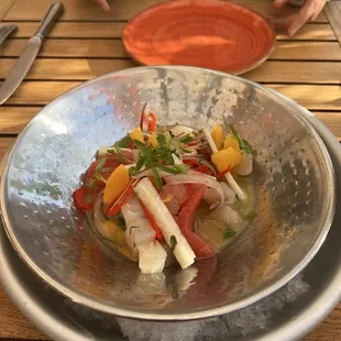 Ceviche with citrus, jicama, pineapple habanero sauce amazing