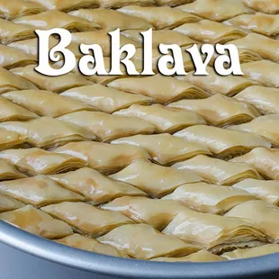 the words baklava in white letters