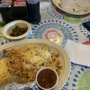 Migas and biscuits and gravy