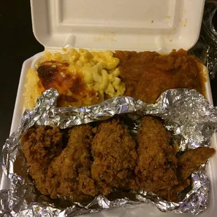 Fried wing meal with yams and mac and cheese :)