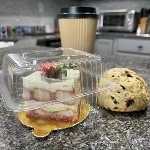 Strawberry tiramisu, vegan chocolate chip scone, chai latte