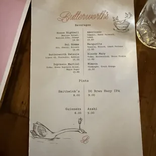 Beverages and pints menu