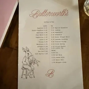 Coffee and tea menu