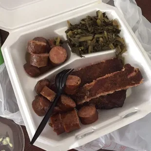 Ribs &amp; sausage with greens, no further comment