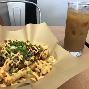 Kalua pork poutine fries and cold brew coffee