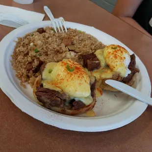 Braised short rib Benedict with fried rice
