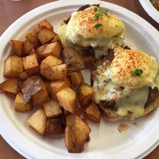 Braised short rib eggs benny with fried rice