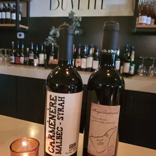 Fantastic wine selection. These are the two bottles I selected to take home. A smooth red blend from Chile &amp; a peppery red from Spain. Mmm!