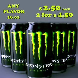 four monster energy drink cans