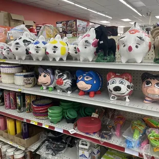 a shelf full of toys