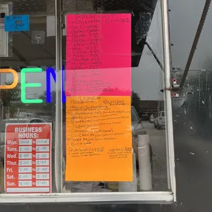 Menu and hours (looks like they are closed on Monday)