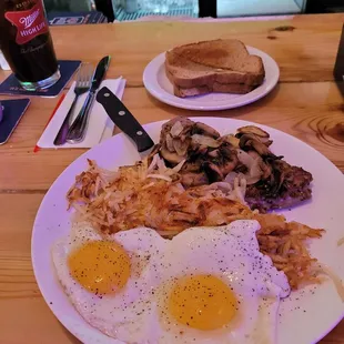 eggs, hash browns, and toast