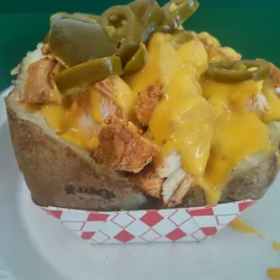 Grilled chicken, cheese and jalapenos. Not bad for a heavy carb meal which what Is what I wanted.