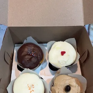 Chocolate/Vanilla Cupcake, Red Velvet Cupcake, Carrot Cupcake, and The Buzz
