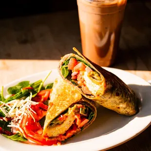 a plate of food and a drink