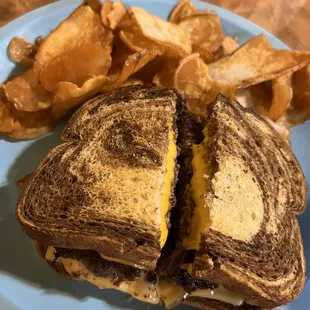 The Buzz Cafe delicious Patty Melt with homemade potato chips