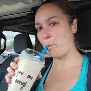 Drinking a Peanut Butter Bamana Oatmeal smoothie and it was delish!!!