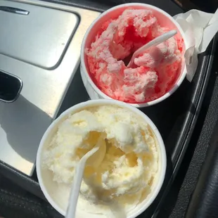 Tiger&apos;s Blood (w/cream) &amp; Wedding Cake (w/cream). Both in larger cups for the ride home.