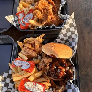 Pulled Pork sandwich, Mac and cheese, fries, fried chicken, blue gummy lemonade