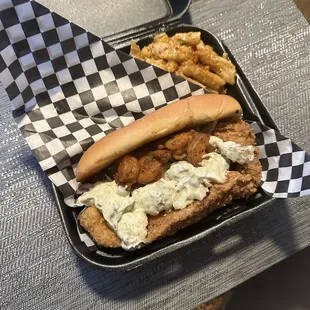 Po-boy w/ homemade tartar sauce and slaw and Mac n cheese