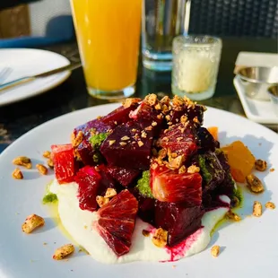 Salad Special...marinated beets with whipped feta, orange, pesto and toasted hazelnuts. Sooooo good!