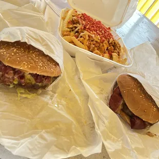 Pastrami cheeseburger,  buffalo fries, western bacon cheeseburger