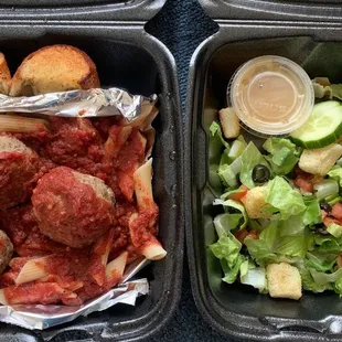 Penne with meatballs, salad, complimentary garlic bread.