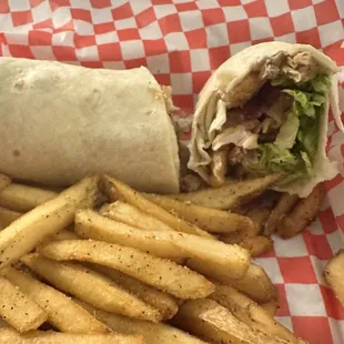 Soggy, cold fries and wilted lettuce cold wrap.