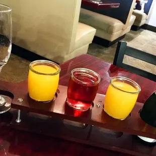 Mimosa sampler. Lots of juice; only enough sparkling wine for two decent mimosas. Skip the flight; order a la carte.