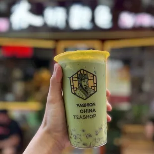 Matcha milk tea with red bean